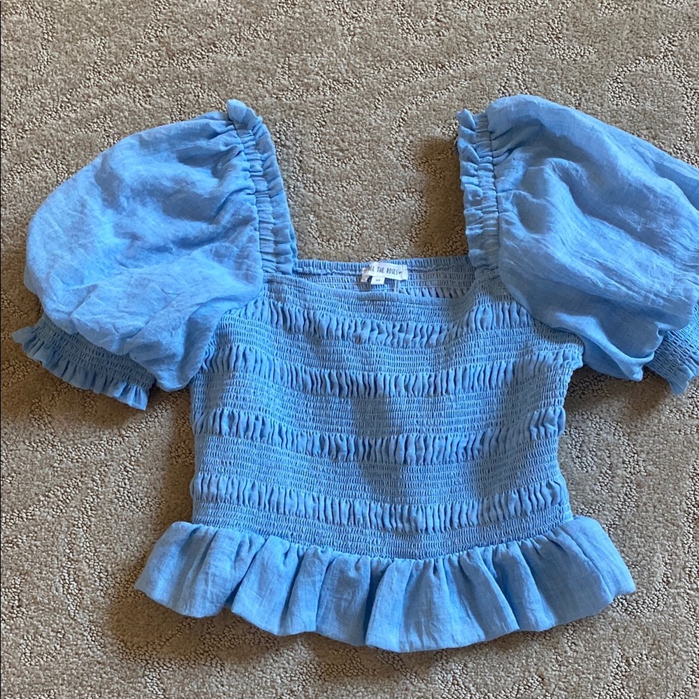 Blue Smocked Puff Sleeve Top